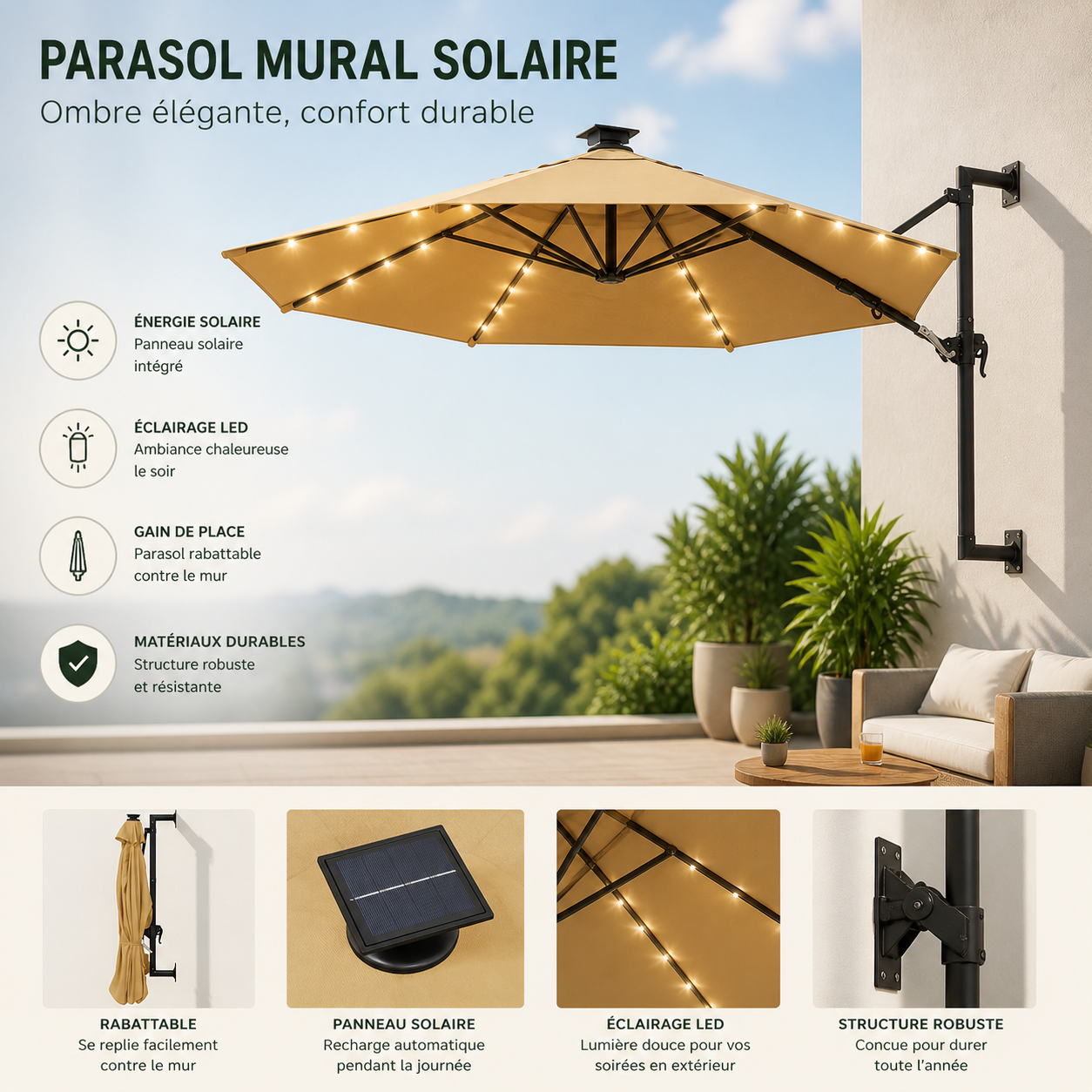 Parasol mural LED solaire TAUPE