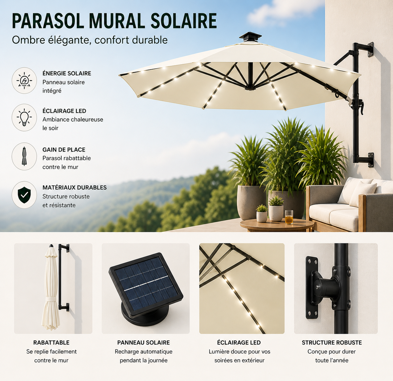 Parasol mural LED solaire BLANC sable