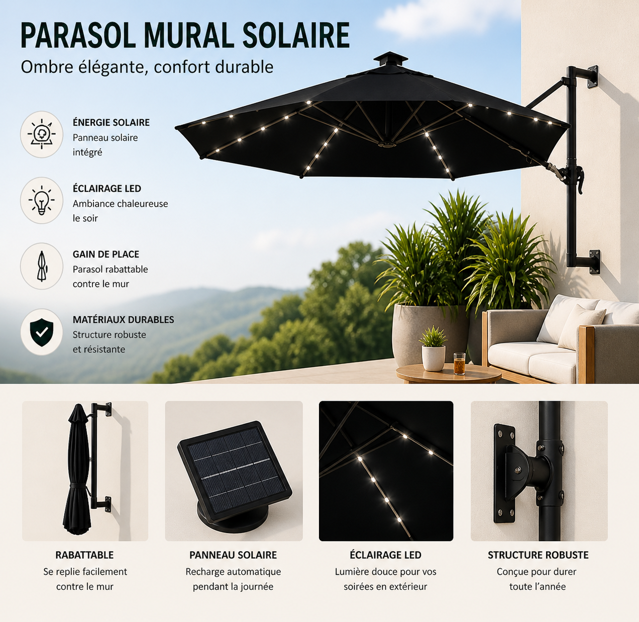 Parasol mural LED solaire NOIR
