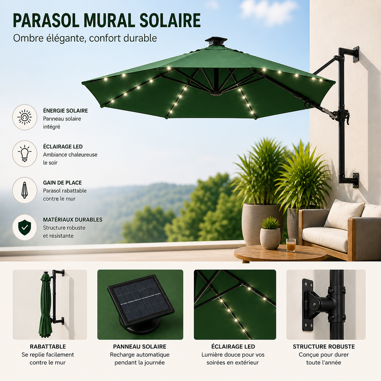 Parasol mural LED solaire VERT