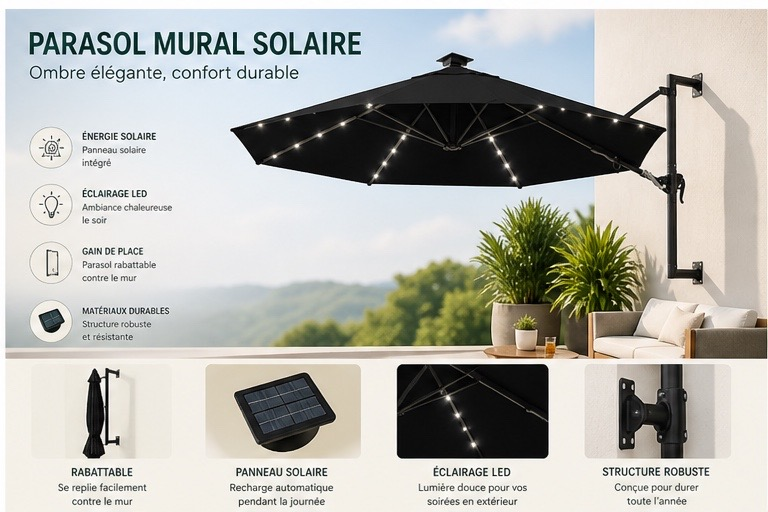 Parasol mural LED solaire ANTHRACITE