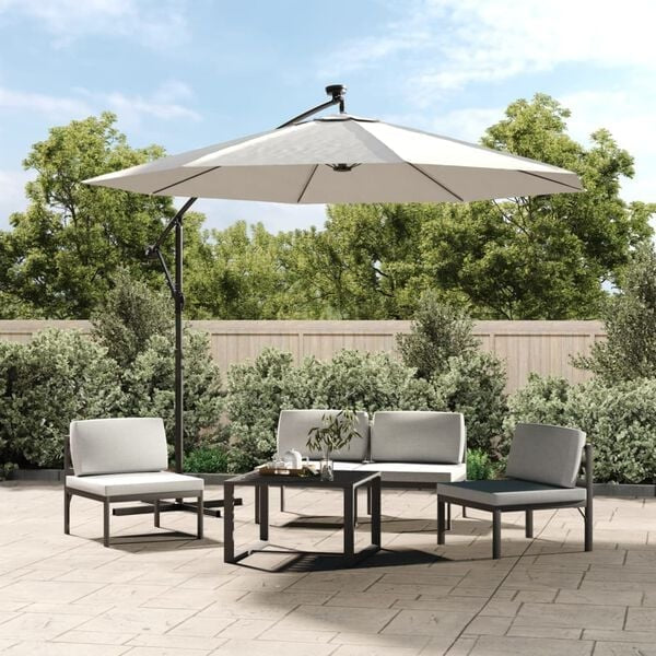 Parasol déporté LED solaire blanc sable 300cm - Maison Azuro